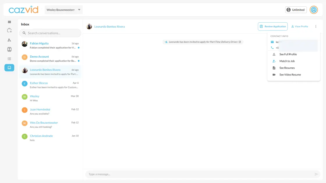 CazVid inbox and messaging interface