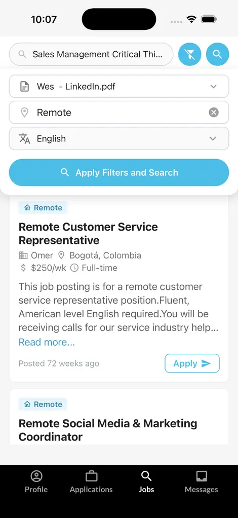 CazVid mobile job search screen